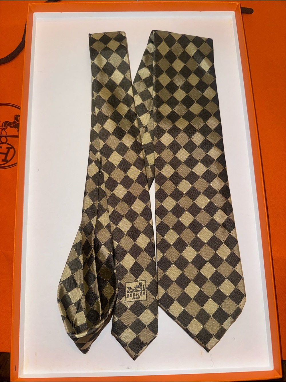 Hermes Beige/Brown Tie with Diamond Pattern